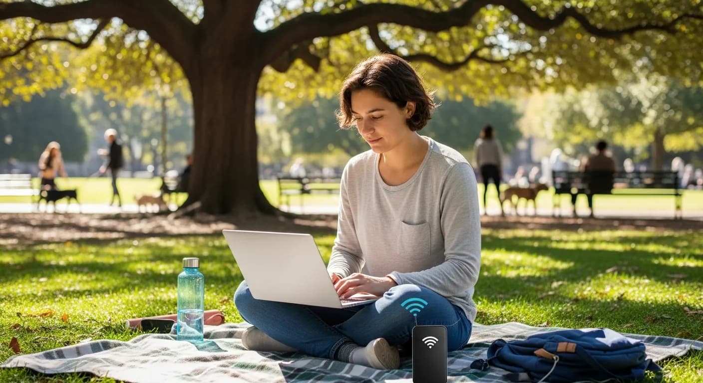 A digital nomad working on a laptop in a park with a small portable wifi device nearby