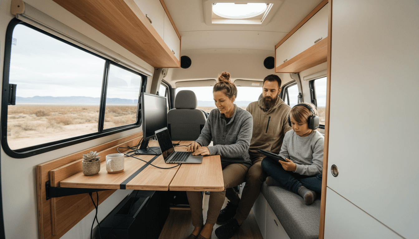 Nomadic family setting up a mobile office in a camper van