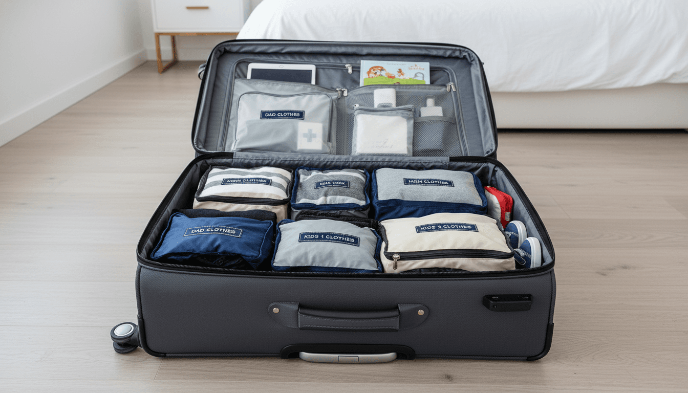 A neatly organized suitcase using packing cubes for family travel