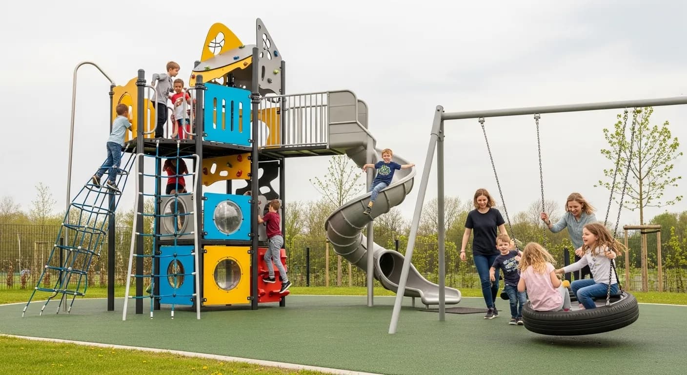 A Japanese park with modern playground equipment and children playing