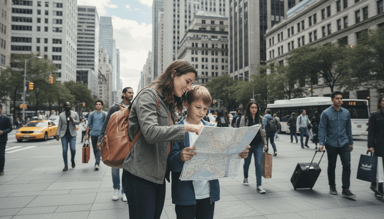 Parent and child looking at a map in a busy city