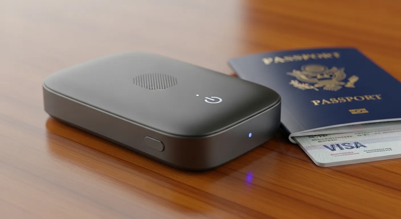 Close up of a modern sleek portable wifi hotspot device on a wooden table next to a passport