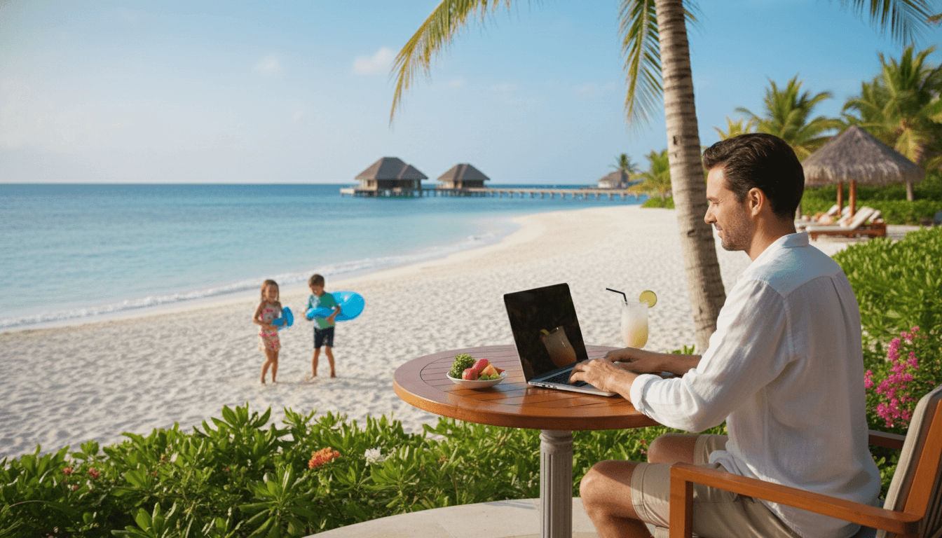 Parent working on a laptop at a tropical beach resort with kids playing nearby