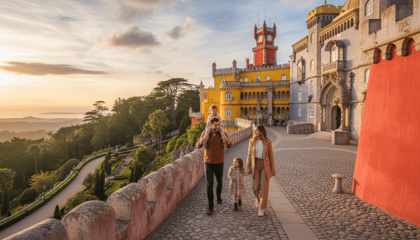 A family exploring the historic Pena Palace in Sintra
