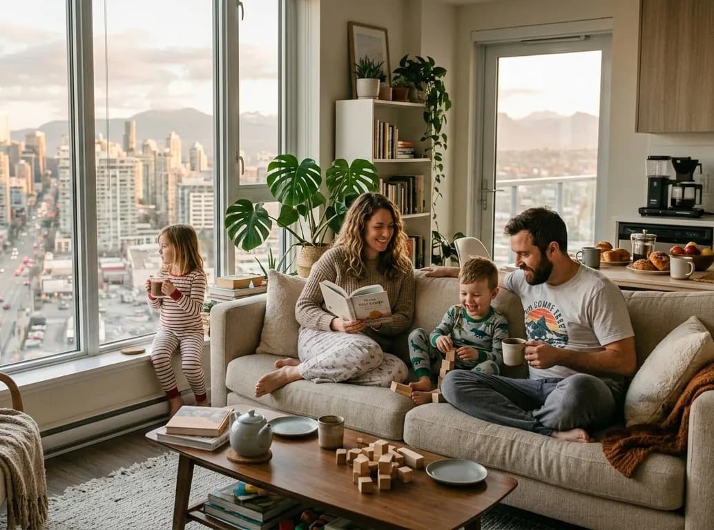 A family enjoying a slow morning in a cozy rental apartment overlooking a city