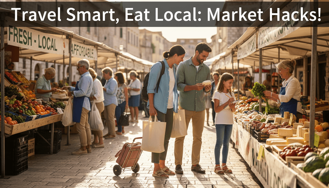 Family exploring a local market to save money on food while traveling