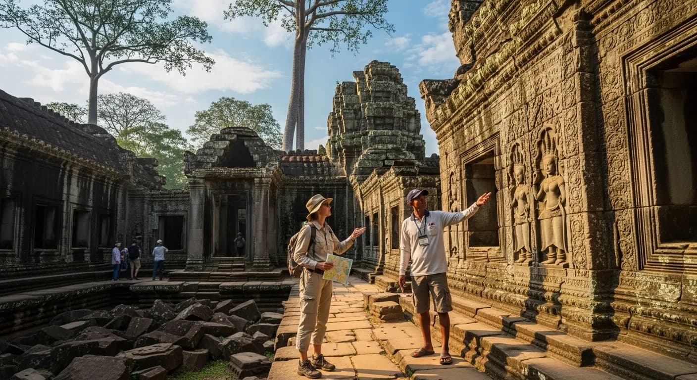A traveler exploring ancient ruins during a guided tour