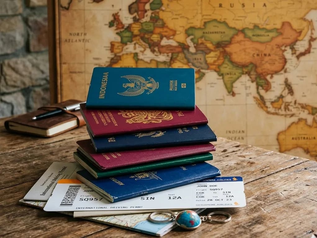 A stack of passports and travel documents on a wooden table with a world map background