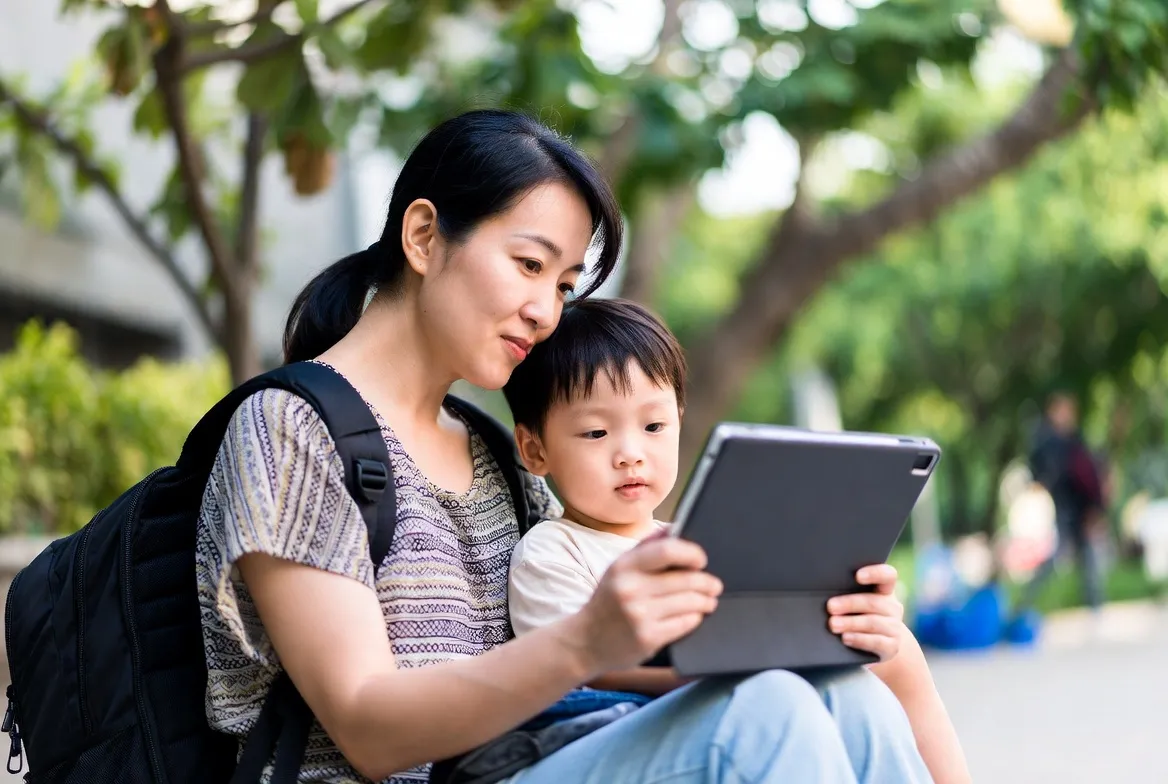 Mother and child looking at a tablet together during a travel trip