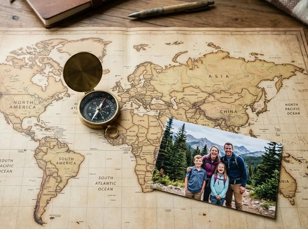 An overhead shot of a world map with a compass and a family photo