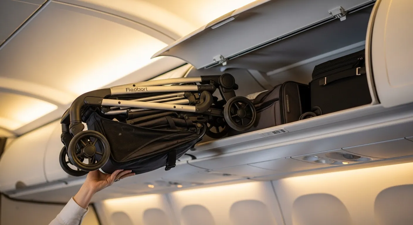 Compact travel stroller being folded into an airplane overhead bin