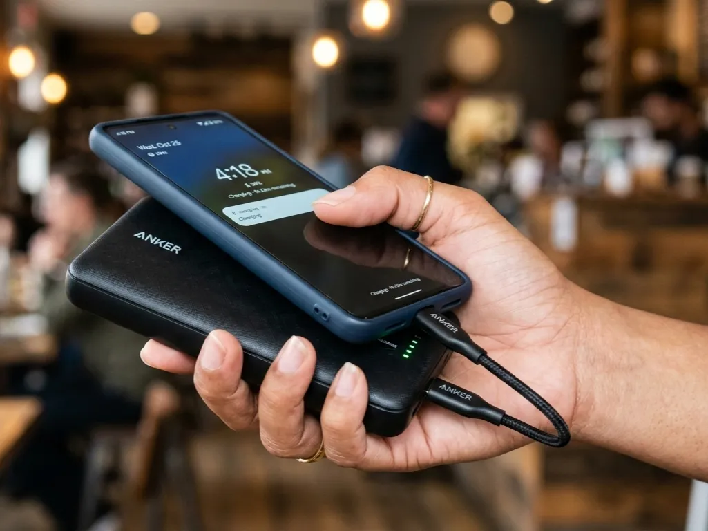 A close up of a hand holding a power bank charging a smartphone