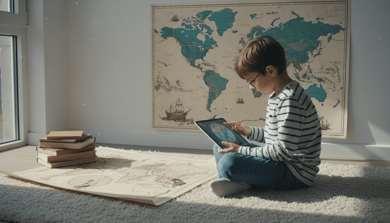 A child studying geography with a tablet and a world map in the background