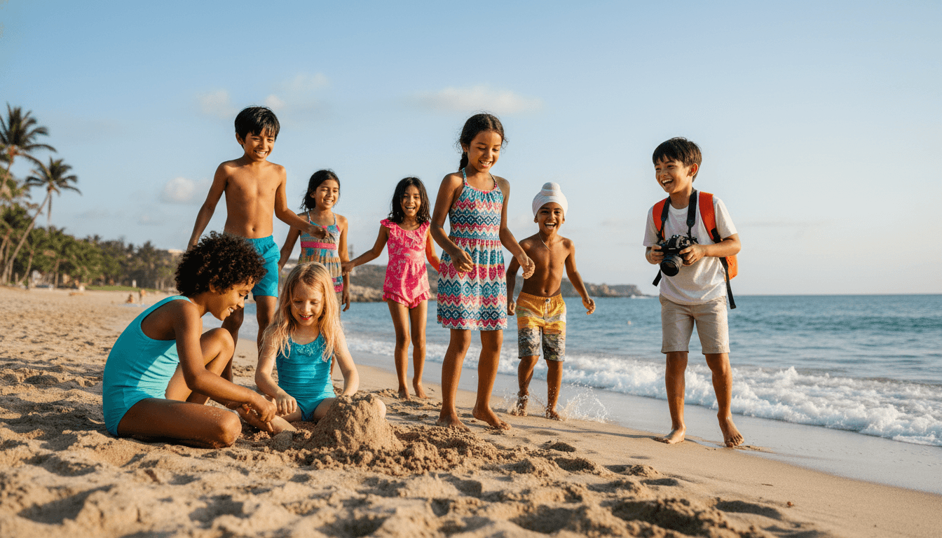 A group of diverse children from different countries playing together on a beach
