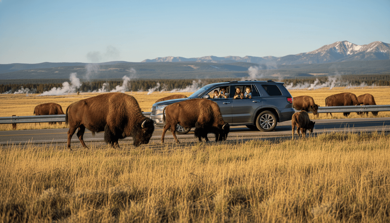 Bison grazing near a family vehicle in Yellowstone National Park